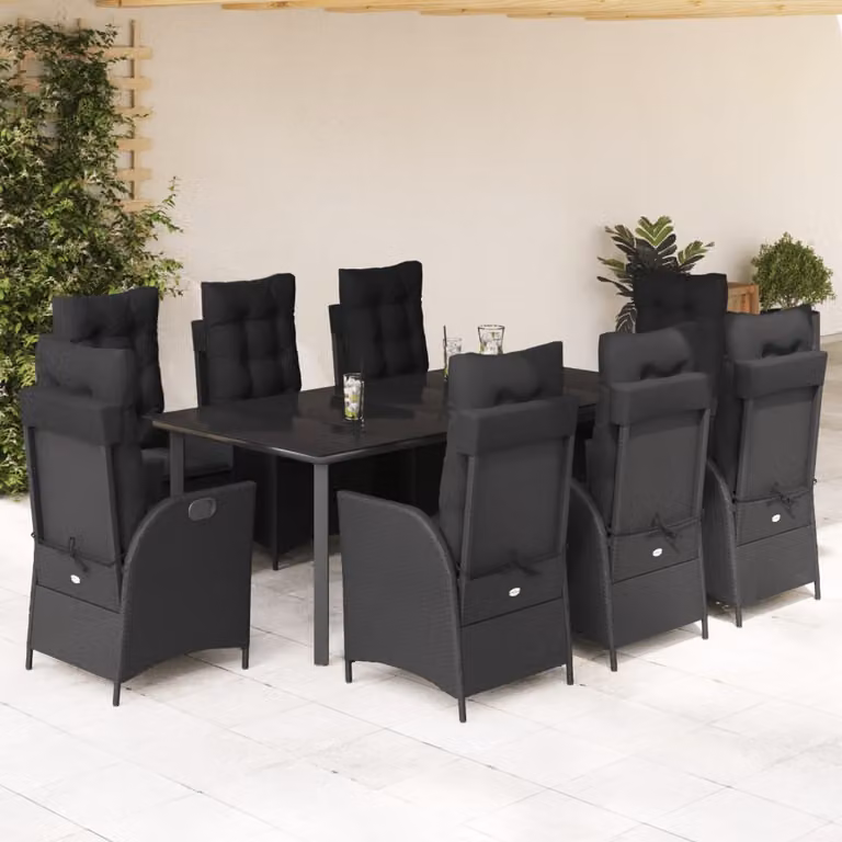 Set da pranzo da giardino vidaXL in polyrattan nero con cuscini e piano in vetro, 9 pezzi