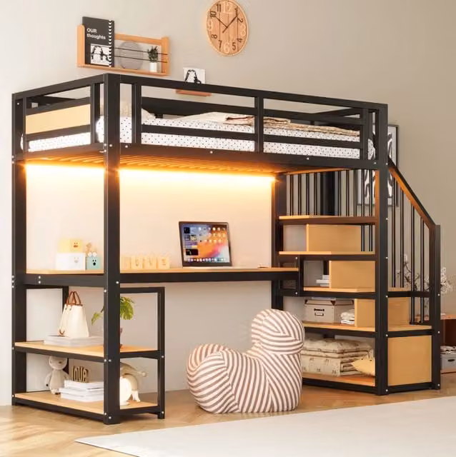 Letto a soppalco 90x200 cm in metallo nero con scala contenitore; scrivania e scaffali