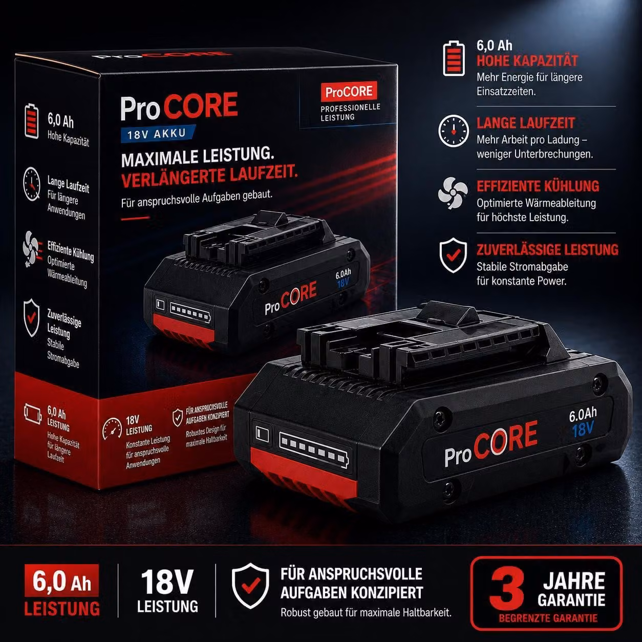 Batteria di ricambio da 18 V e 6,0 Ah compatibile con Bosch Professional ProCORE 18 V – Batteria agli ioni di litio ad alte prestazioni di ricambio per le serie GBA e ProCORE con indicatore LED