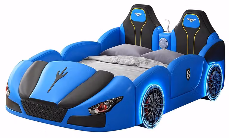 Letto a forma di automobile, blu, per bambini, con luci LED e connessione Bluetooth