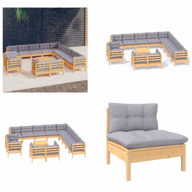 vidaXL set salotto da giardino 14 pezzi con cuscini grigi in pino massiccio - Set salotto da giardino - Set salotto da giardino - Set mobili da giardino - Set mobili da giardino