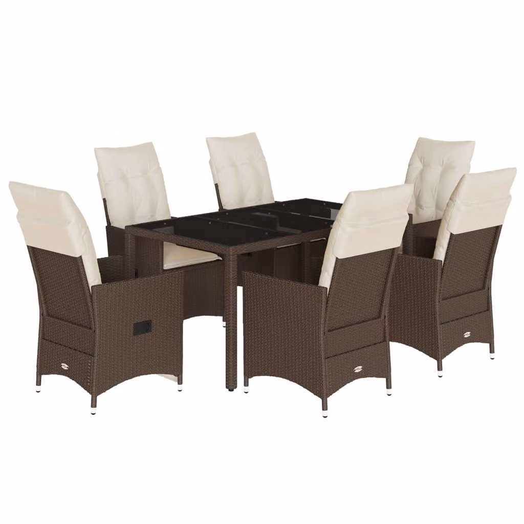 Set da Pranzo da Giardino 7pz con Cuscini in Polyrattan Marrone