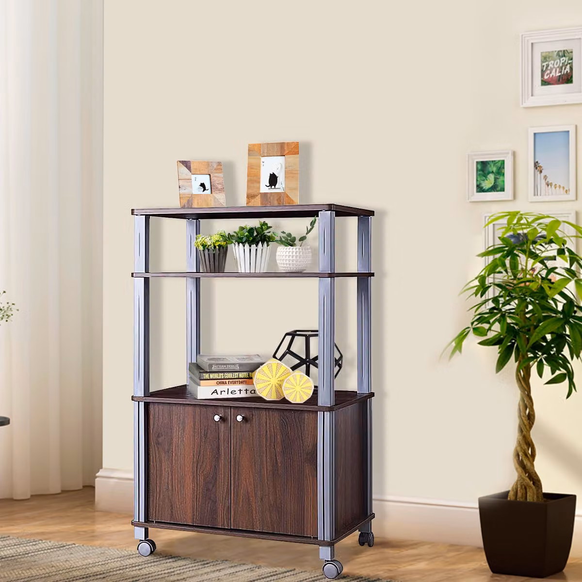 Carrello da cucina multiuso Costway in legno marrone con 3 ripiani e 2 ante, L: 60 cm, P: 40 cm, H: 98 cm