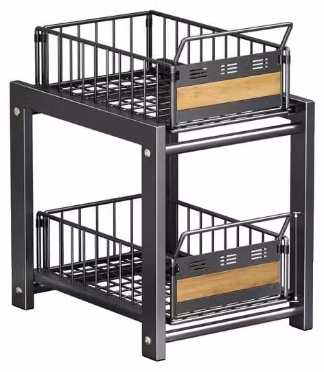 Organizer per lavello, design estraibile a 2 ripiani, struttura resistente in ferro e bambù, lavello estraibile a 2 ripiani