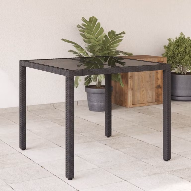 Maison Exclusive - Tavolo da giardino con piano in vetro nero 90x90x75 cm Poly Rattan