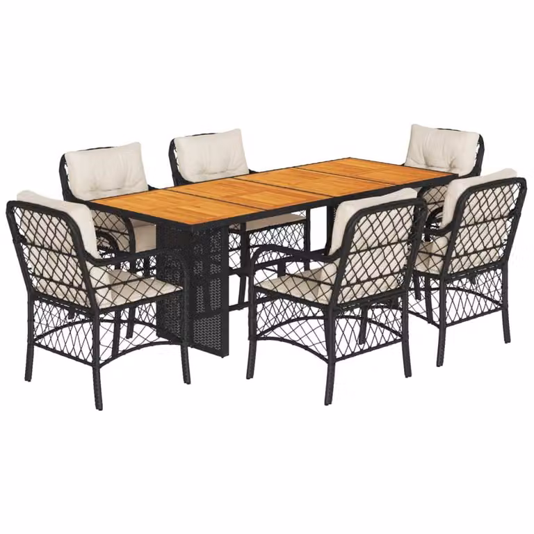 Set da Pranzo da Giardino 7 pz Nero con Cuscini in Polyrattan
