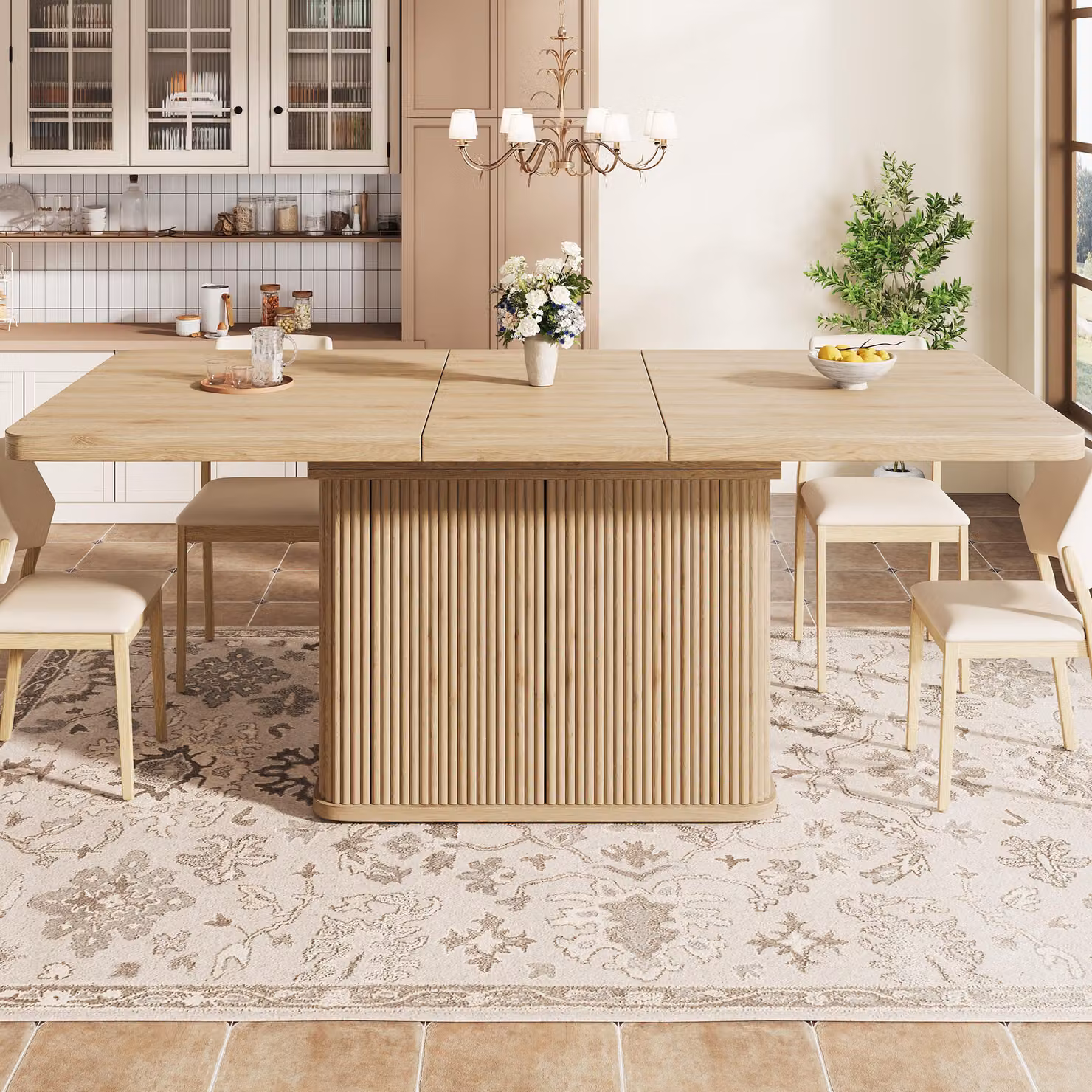 Tavolo allungabile "okwish" per la sala da pranzo, tavolo da cucina con spazio di stoccaggio nascosto, struttura verticale a rilievo, tavolo multifunzionale, stile naturale