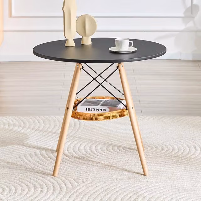 Tavolo da pranzo rotondo OKWISH in MDF e legno con ripiani portaoggetti, moderno, nero e marrone, Diametro: 80 cm