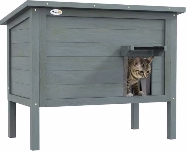 Casetta per gatti esterna Zephmum in legno di abete isolata con tetto apribile e base sollevata, Grigio scuro e Nero, L 85 cm x P 50 cm x H 68.5 cm