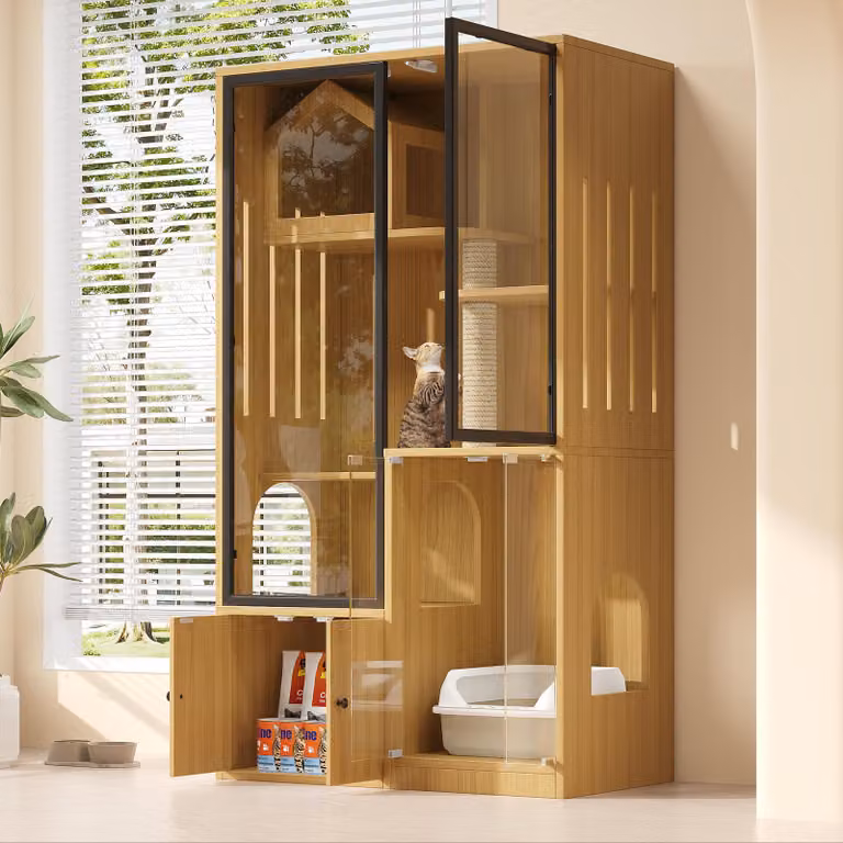 Flieks mobile alto con casetta per gatti e tiragraffi, villa per gatti con cassetti, set di mobili per animali domestici gabbia per gatti con porte in vetro, giallo
