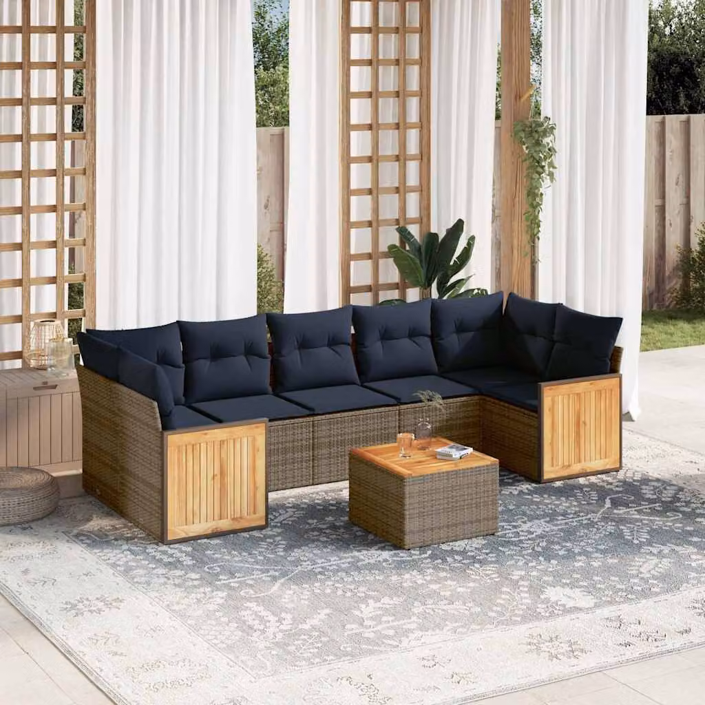 Set da giardino vidaXL in polyrattan composto da 8 pezzi con cuscini grigi e blu e tavolino da caffè