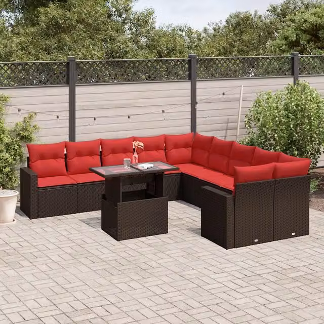 Set di divani da giardino vidaXL in polyrattan marrone con cuscini e tavolino da esterno a forma di L composto da 11 pezzi – 1