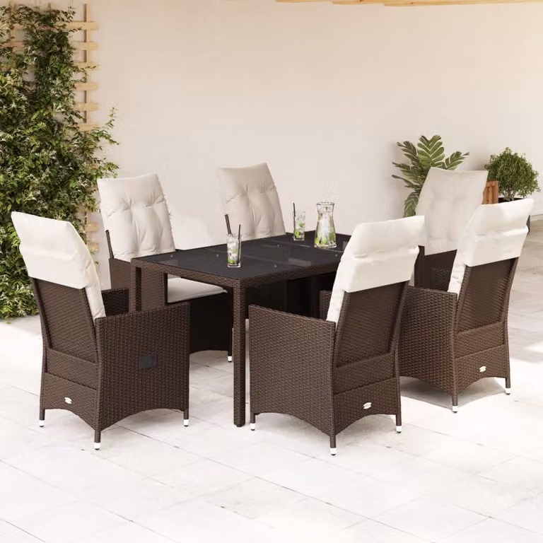 Set da Pranzo da Giardino vidaXL 7pz in Polyrattan Marrone con Cuscini Bianchi e Tavolo in Vetro