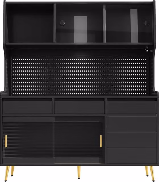 Hochschrank mit LED-Beleuchtung, geriffelter Glasfront und Schiebetüren, 145x39x171 cm, Schwarz