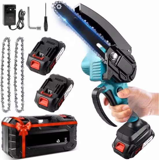 Mini Segato a Catenaria 6 Pollici con Batteria 4000mAh - Motore Potente 21V 800W - 2 Batterie 2000mAh - 1 Caricabatterie - 2 Catenarie - Segato a Catenaria Unifacciale per Giardino - Senza Fila - Portatile - Sicuro