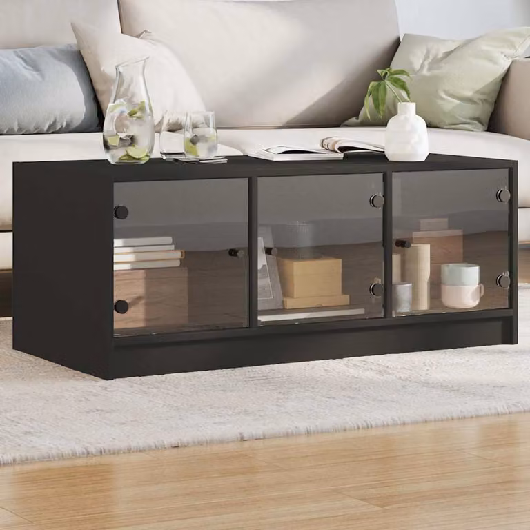 vidaXL Tavolino da Salotto Moderno con Ante in Vetro Nero L: 102 cm, P: 50 cm, H: 42 cm