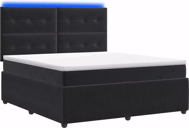 Letto Box Spring vidaXL in Velluto Nero con Materasso Ibrido e Illuminazione LED sotto il letto, con Porte USB e Base a Sollevamento, L/P: 140 x 190 cm