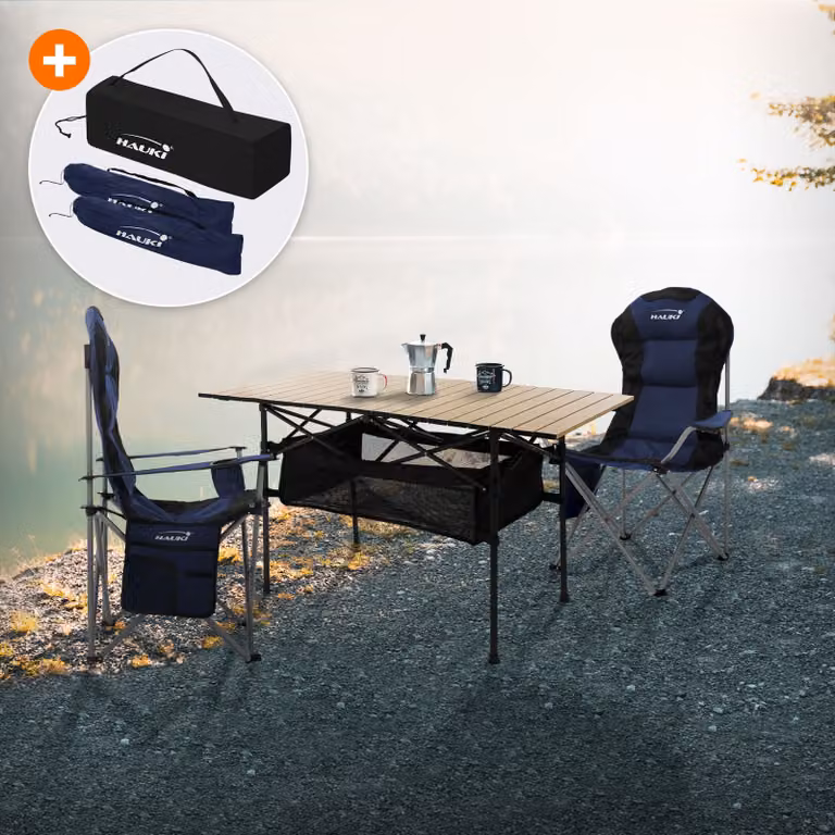 Set di mobili da campeggio Hauki 3 pezzi, tavolo pieghevole beige con 2 sedie da campeggio blu, inclusa borsa di trasporto