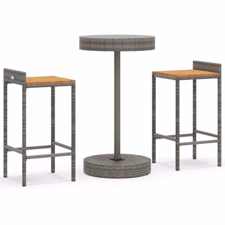 Set Bar Giardino 3pz Grigio Polyrattan e Legno Massello Acacia
