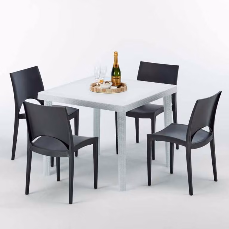 Tavolo quadrato bianco e 4 sedie in polipropilene colorato per esterni Grand Soleil Paris Love - Nero