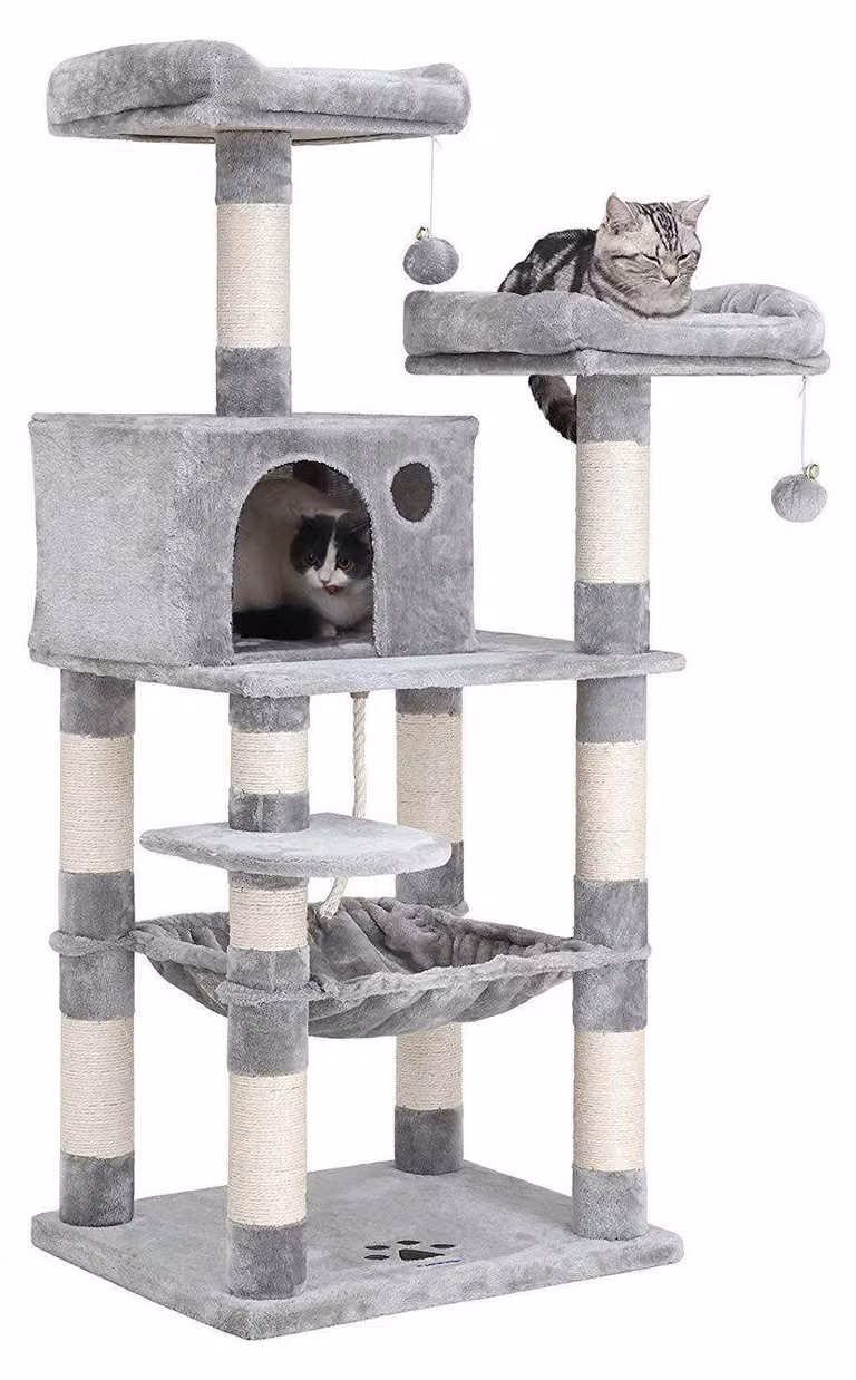 Albero per gatti con tiragraffi, tana e amaca, color grigio chiaro, dimensioni 55 x 45 x 143 cm