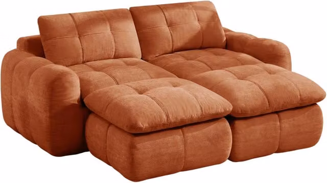 Divano modulare 2 posti arancione in chenille con design trapuntato a quadri, senza telaio, con 2 pouf, dimensioni 194x160x68 cm