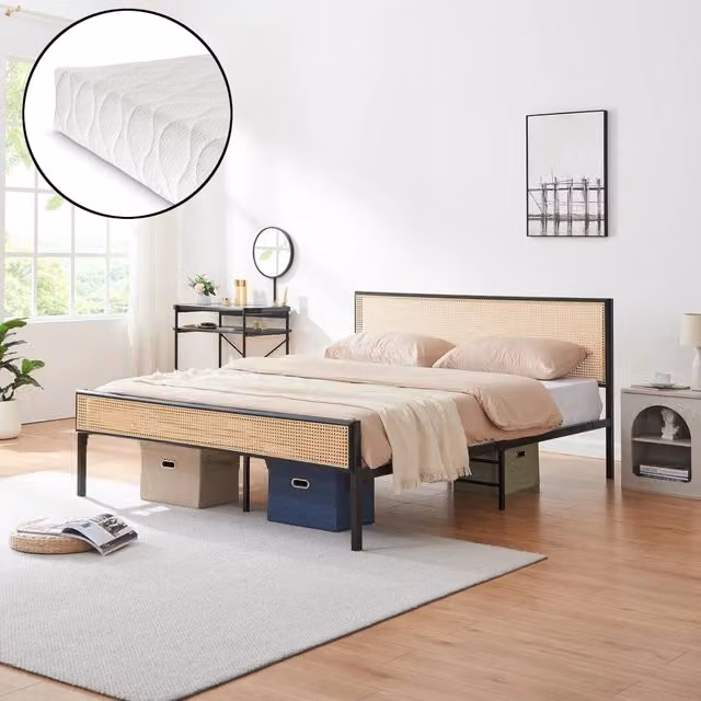 Letto Matrimoniale Linköping en.casa in Metallo Nero con Materasso e Testiera Effetto Rattan L/P/H: 160 x 200 x 165 cm