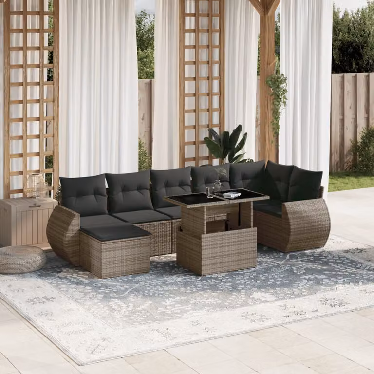 vidaXL Set Divano da Giardino 8 pz in Polyrattan Grigio con Cuscini e Tavolino
