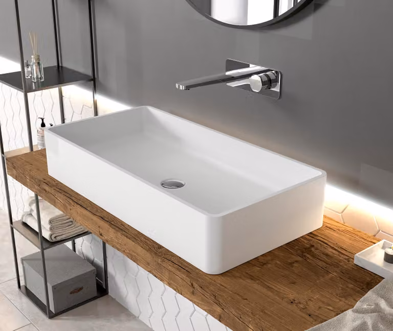 Lavabo da appoggio PB2013 - Resina minerale - Bianco opaco - 80 x 40 x 14,5 cm