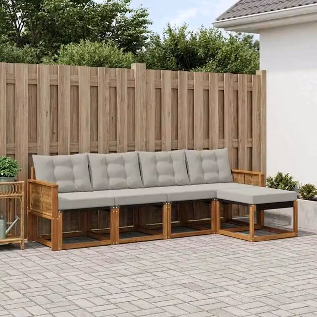 Set di divani da esterno a forma di L vidaXL in legno di acacia con cuscini beige e grigio