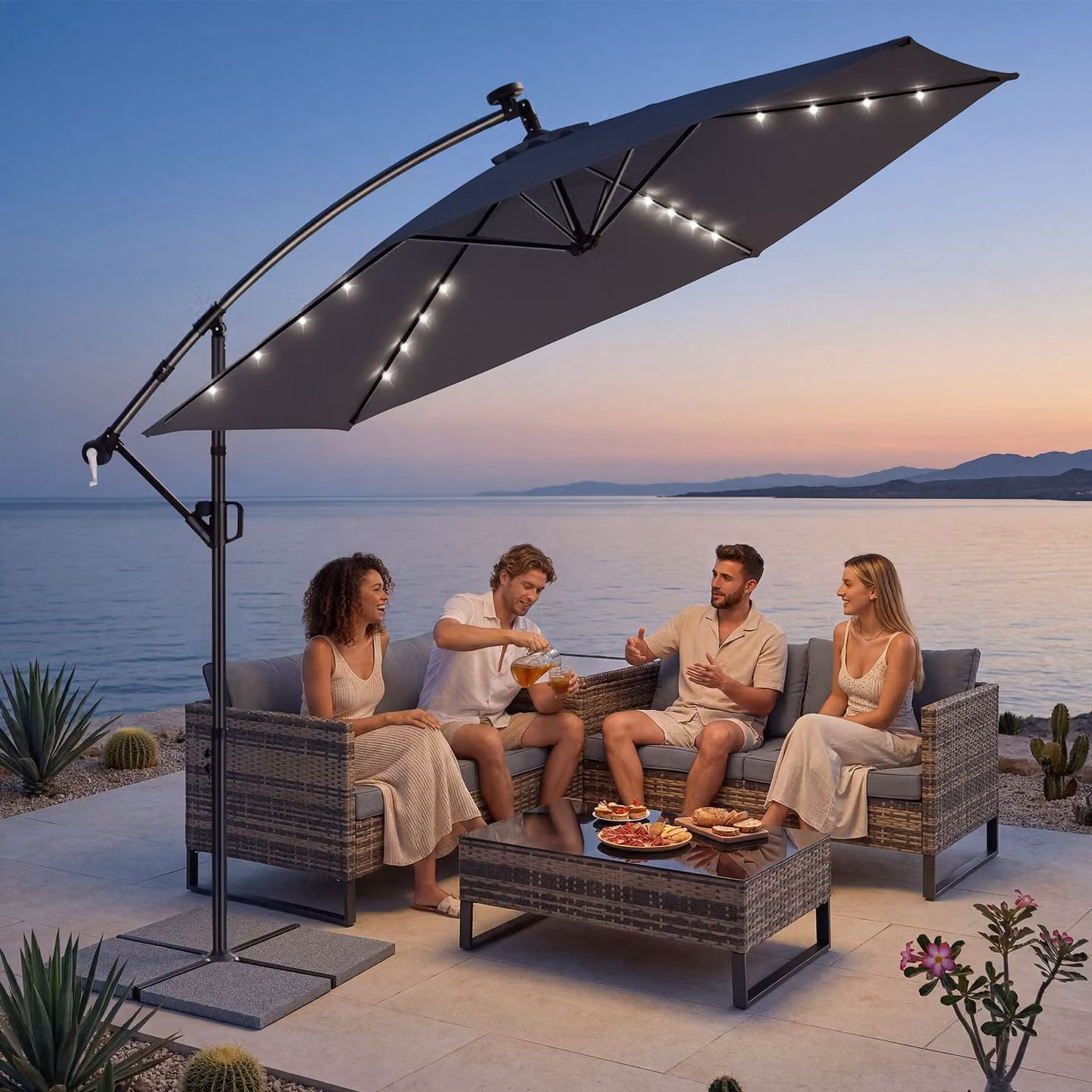 Ombrellone a braccio tectake Artemis grigio, orientabile a 360° con LED a energia solare e protezione UPF 50+, L/P: 300 x 300 cm – 2