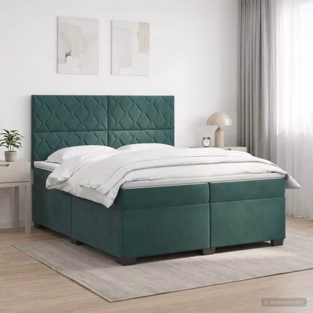 Letto box spring con materasso ibrido vidaXL in velluto verde scuro con base a sollevamento, illuminazione sottostante e porta USB, L/P: 200 x 200 cm