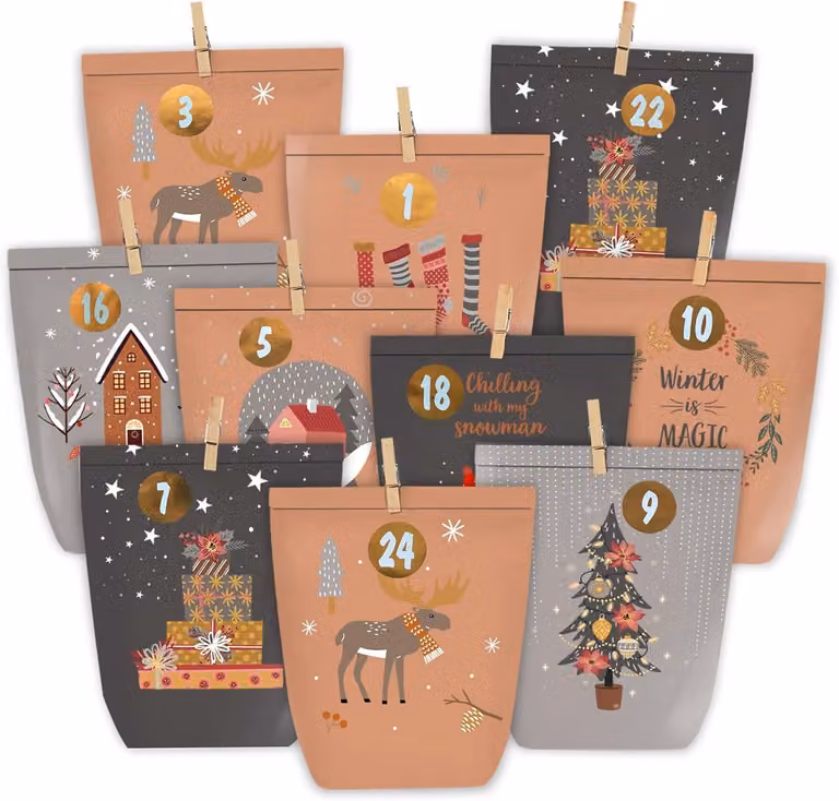 Calendario dell'Avvento da riempire: 24 sacchetti di carta per Natale, da riempire personalmente. Sacchetti di carta per l'Avvento con adesivi numerati, ideali per creare il proprio calendario personalizzato