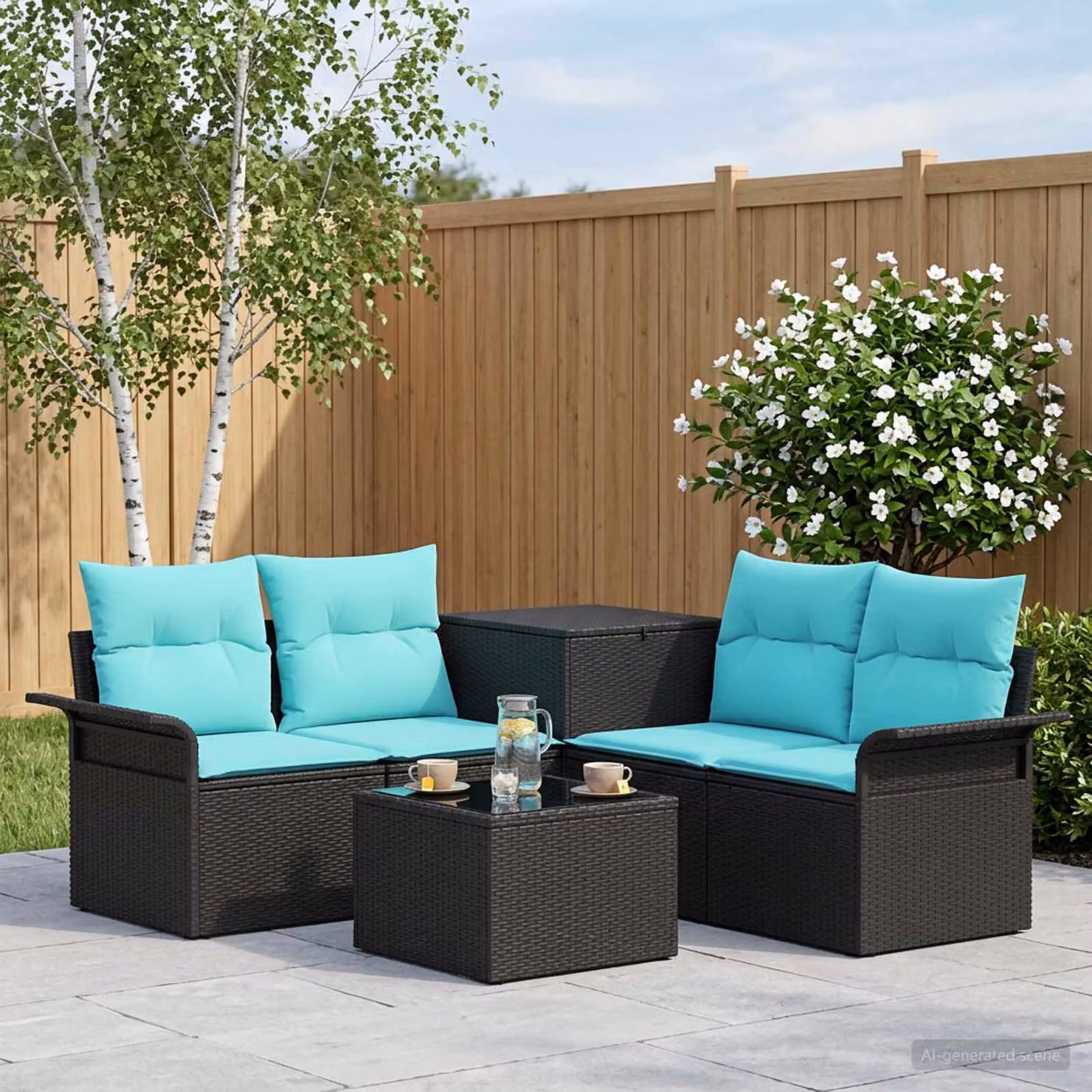 Set di divani da giardino vidaXL composto da 6 pezzi con struttura in metallo e cuscini inclusi, colore nero e blu