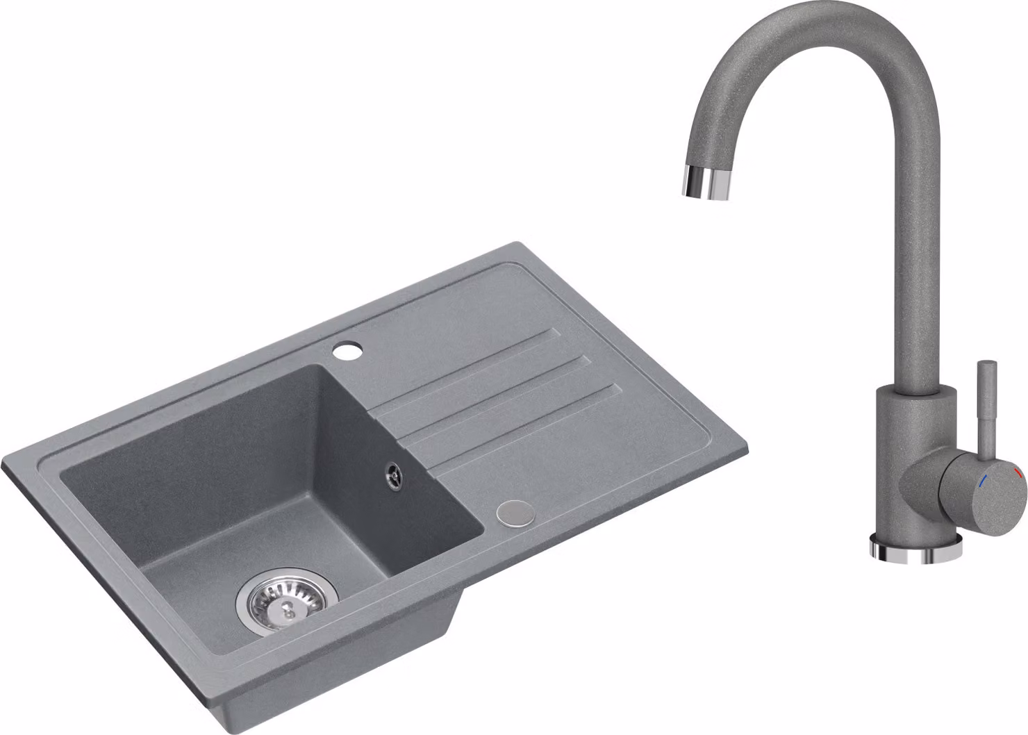 VBChome Lavello in granito grigio con rubinetteria 70 x 44 cm Lavello da incasso a vasca singola Macchiettato Reversibile Lavello in granito Sifone Lavabo Grigio Rubinetto