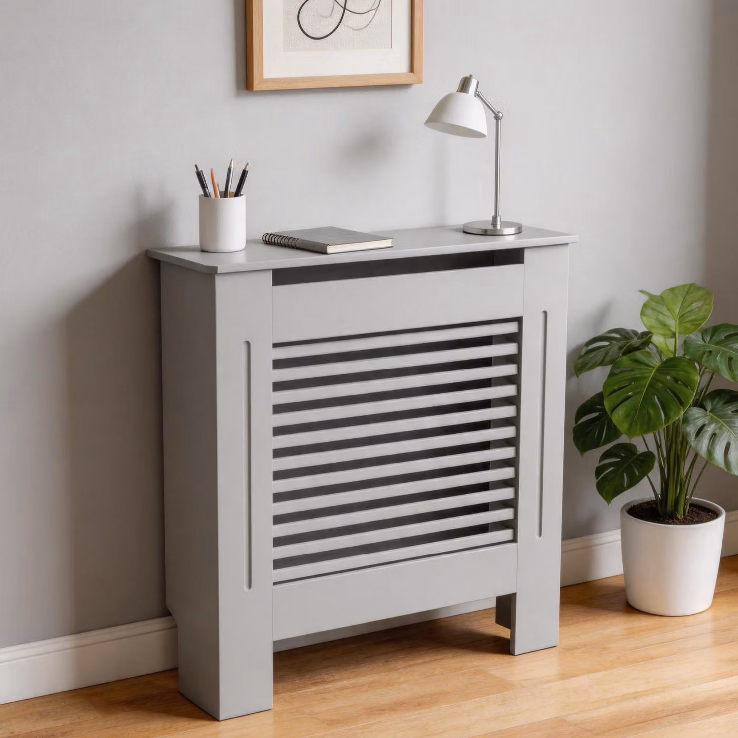 WISFOR Copriradiatore MDF, motivo a righe orizzontali, copriradiatore Copriradiatore, grigio, S - 78x19x92cm