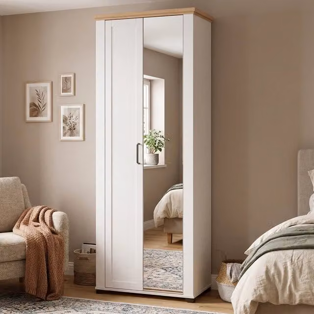 Armadio Vittuone DMORA per camera da letto con 2 ante, appendiabiti e specchio, Bianco e Marrone, L: 75 cm, H: 194.5 cm
