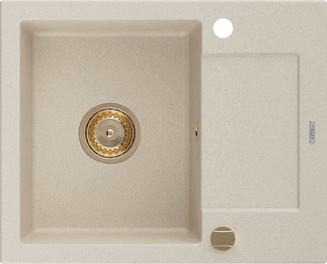 Mexen Enzo lavello in granito a 1 vasca con sgocciolatoio 576 x 465 mm, beige, sifone dorato - 6506571005-69-G