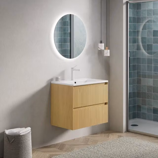 Mobile sottolavabo sospeso con lavabo integrato e 2 cassetti ammortizzati in ceramica e compensato rovere dorato 61 cm