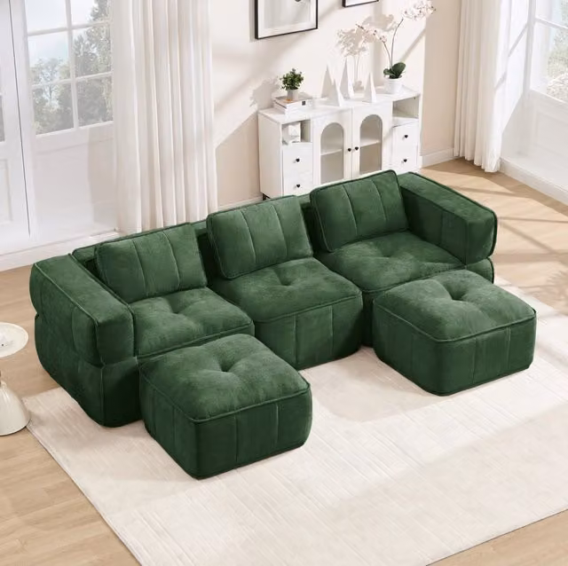 Divano modulare senza struttura in poliestere verde con seduta profonda; 271 x 162 x 67 cm
