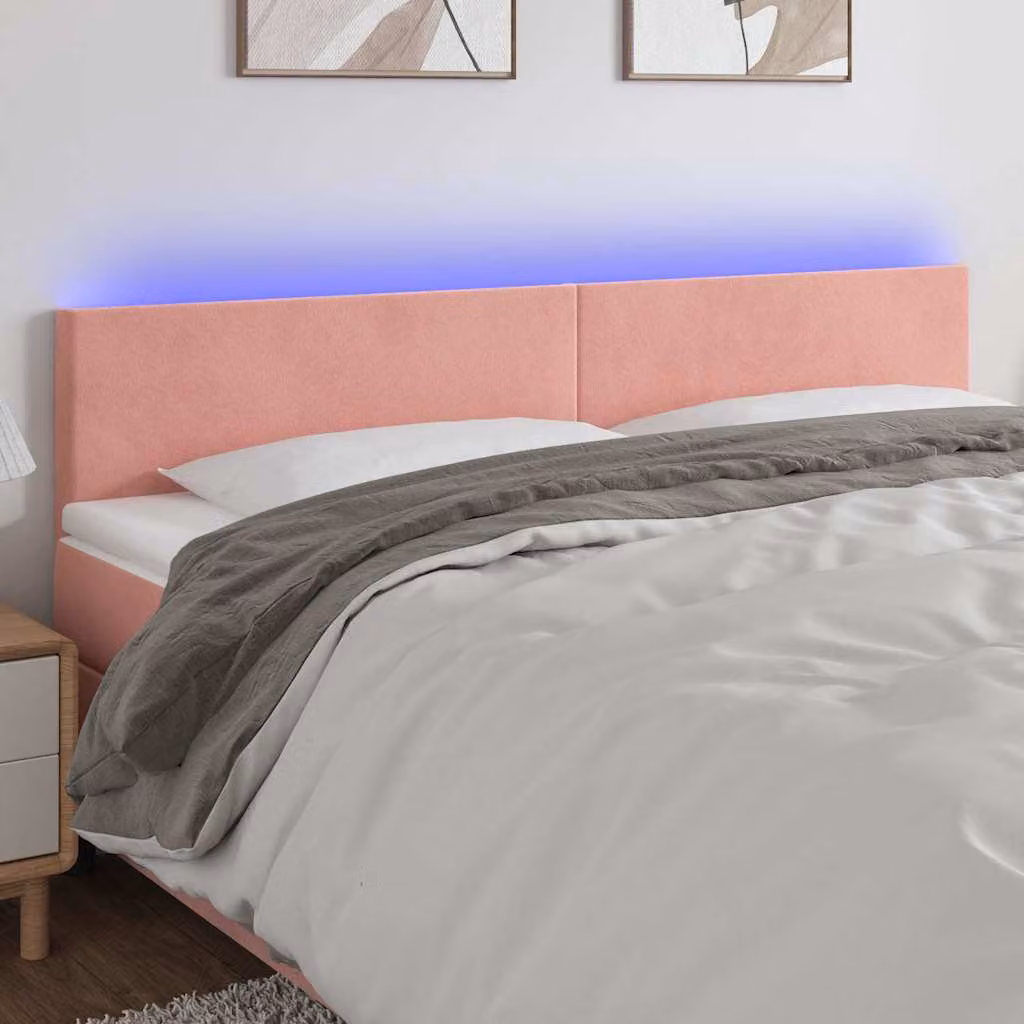 Testiera per letto vidaXL in velluto rosa con illuminazione LED e porta USB, L: 200 cm, P: 5 cm, H: 78-88 cm