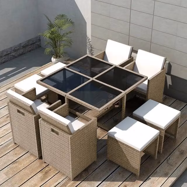 Set da pranzo da giardino vidaXL in polyrattan con piano in vetro e cuscini, 9 pezzi, beige, grigio o bianco – 1