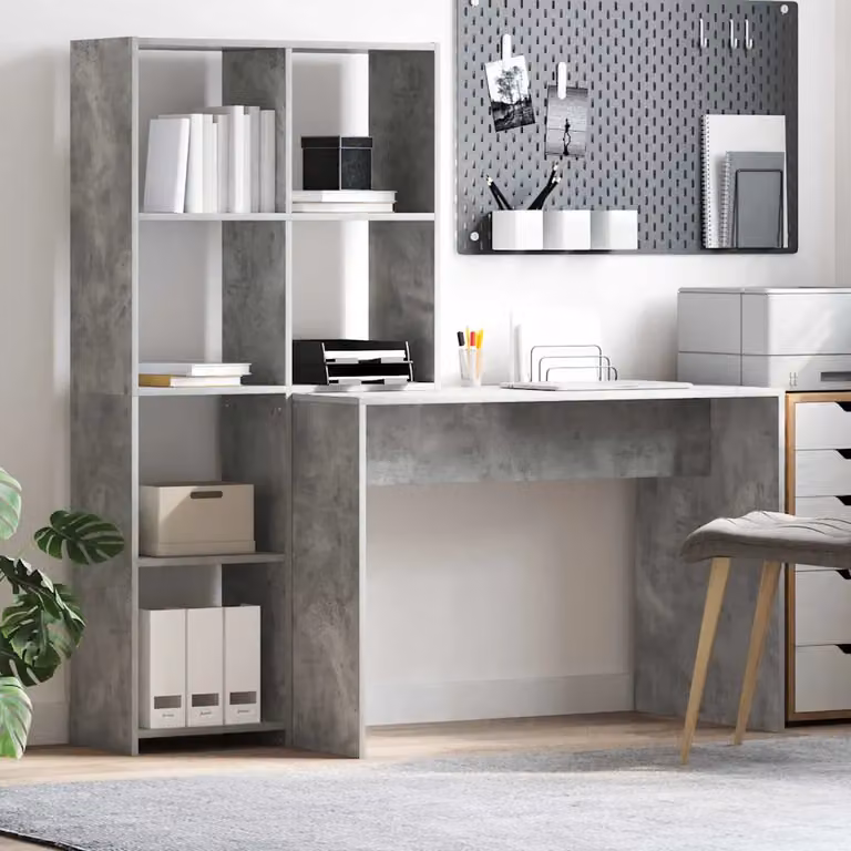 Scrivania con scaffale moderna vidaXL in grigio, L: 138,5 cm, P: 55 cm, H: 143 cm