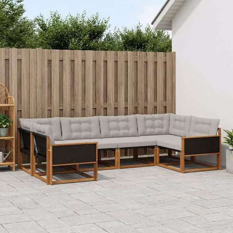 Set di divani da esterno vidaXL a forma di L composto da 6 pezzi in legno di acacia e tessuto textilene, colore beige e grigio chiaro