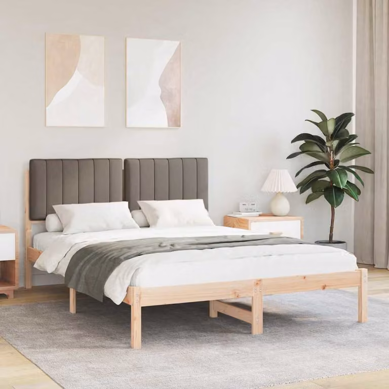 Letto con Testiera Rivestita in Tessuto e Struttura in Pino Massello vidaXL, Colore Beige/Grigio, L: 142,0 cm x P: 195,5 cm x H: 84,5 cm