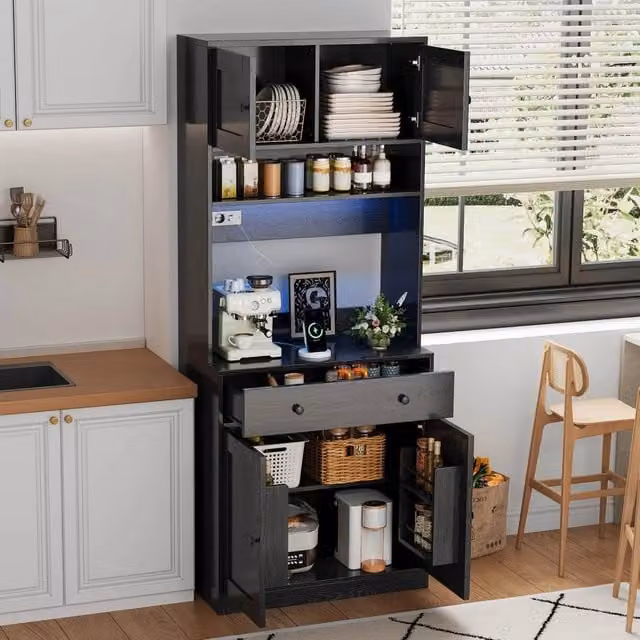 Mobile colonna da cucina con LED RGB prese USB cassetto e ripiani in MDF nero per cucina 72 × 40 × 180 cm