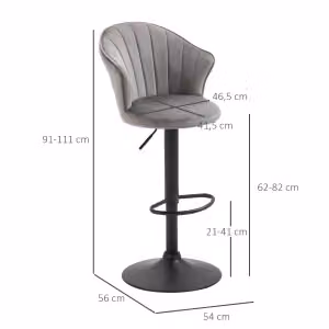Set di 2 sgabelli da bar OKWISH girevoli con schienale a conchiglia in tessuto grigio, altezza regolabile, L: 54 cm, P: 56 cm, H: 91–111 cm – 2