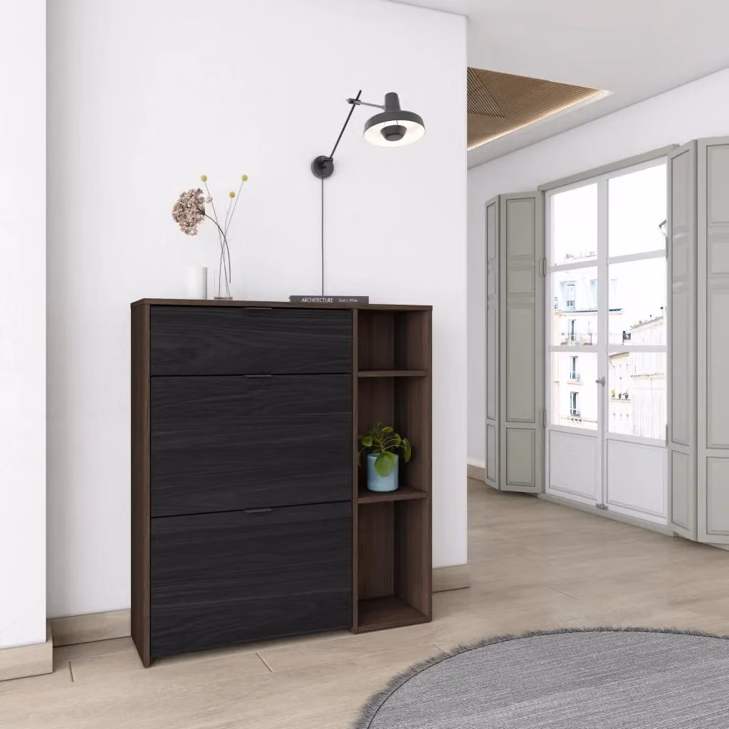 Scarpiera da ingresso Skraut Home con ante a battente, Rovere scuro e Nero, L 90 cm x P 27 cm x H 102 cm – 2