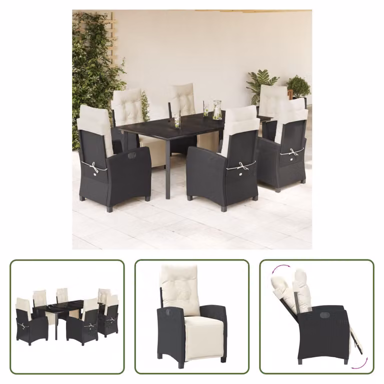 The Living Store Set da pranzo da giardino 7 pezzi con cuscini in polirattan nero