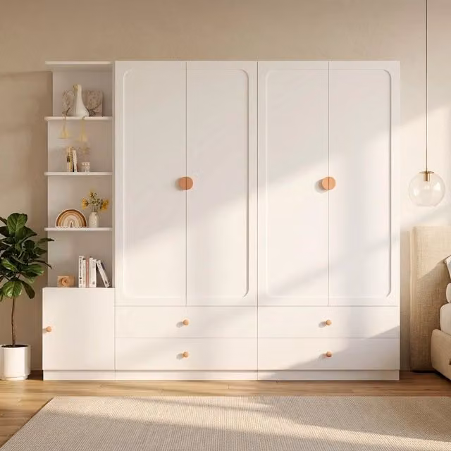 Armadio con 3 appendiabiti, 4 cassetti e vano laterale aperto per camera da letto, bianco, 225×45×200 cm